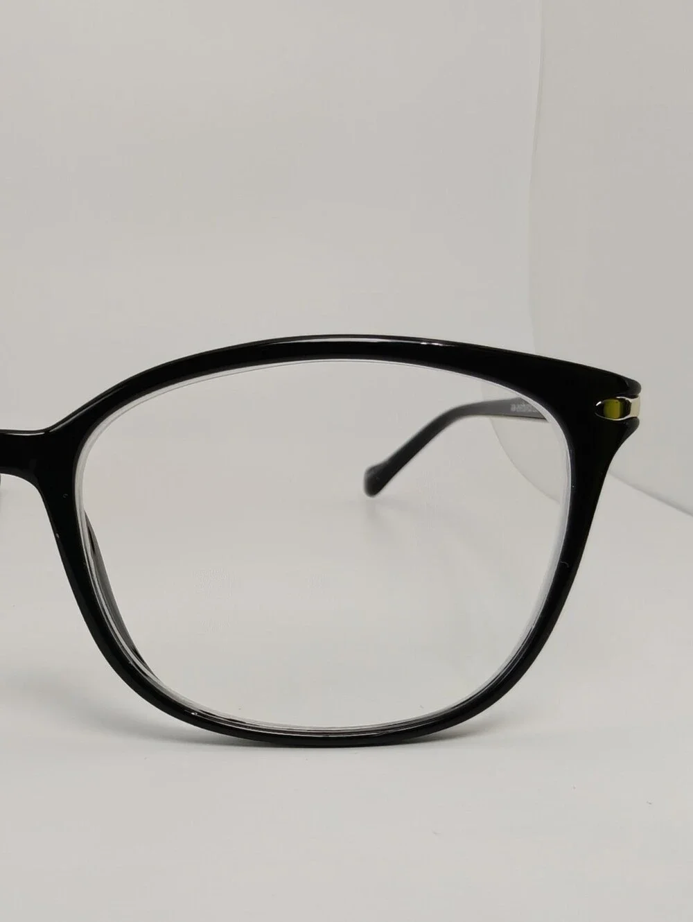 Nola. Classic Black Women's Eyeglass Frames. Gold Shield At Temple Corners.